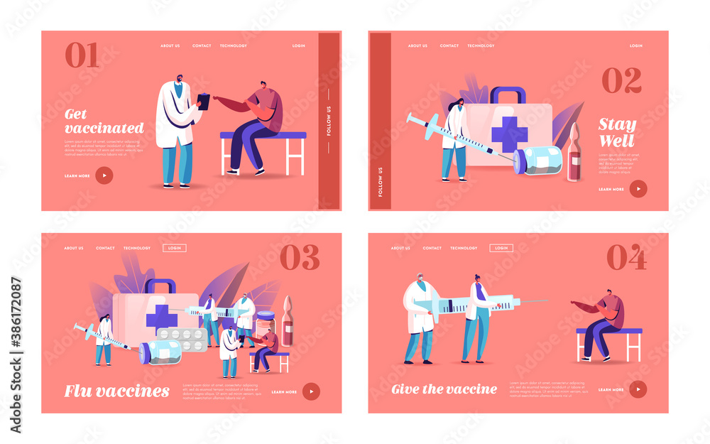 Health Care, Vaccination Landing Page Template Set. Tiny Doctor Characters Prepare Huge Syringe for Injection in Cabinet