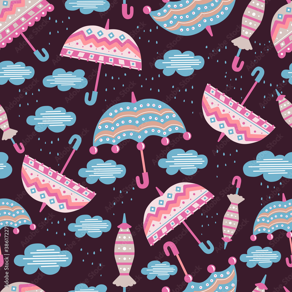 Vector seamless children's pattern with umbrellas and clouds. Doodle style. The objects are isolated. Vector seamless children's pattern with umbrellas and clouds. Doodle style. The objects are isolated.