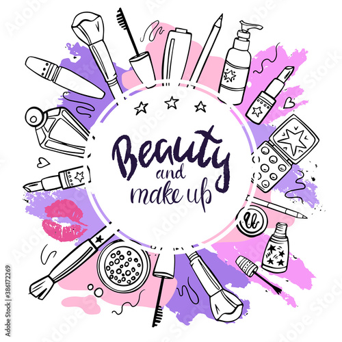 Vector hand-drawn illustration with cosmetics and text. The concept of beauty and makeup. Banner for a website and social networks. Objects are isolated.