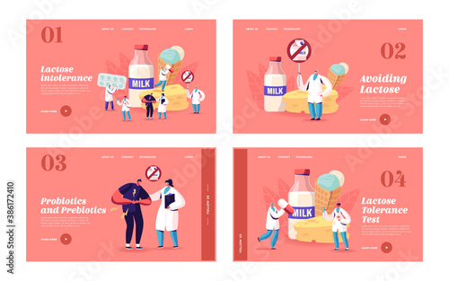 Lactose Intolerance Landing Page Template Set. Man Feel Bad in Stomach Visit Hospital for Treatment. Dairy Products