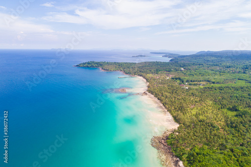 Aerial view sea shore white sand beach with coconut palm tree