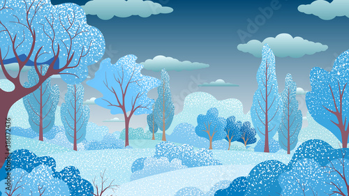 Winter holiday background with trees, bush, sky, clouds. Christmas snowy forest. Vector rural landscape. Bright banner for stylish web design. Natural seasonal web-banner. Modern trendy illustration