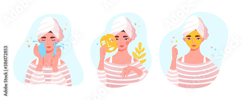 Beauty and skincare concept with cute pretty young woman or girl applying face mask. Flat cartoon vector illustration