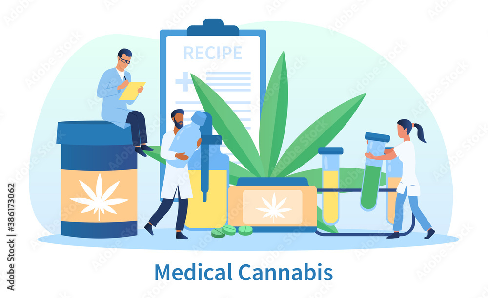Medical cannabis abstract concept. Tiny people making drugs from cannabis. The doctor writing out a medical prescription. Flat cartoon vector illustration.