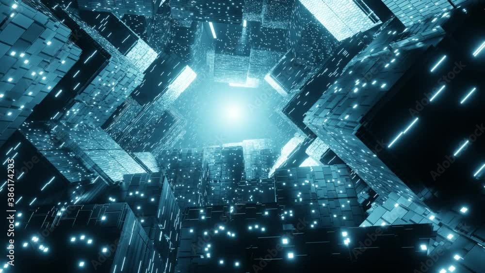 Abstract creative sci-fi background. 4K seamless loop flying through rotation building animation. Futuristic technology background. Abstract creative sci-fi background. 4K seamless loop flying through rotation building animation. Futuristic technology background.