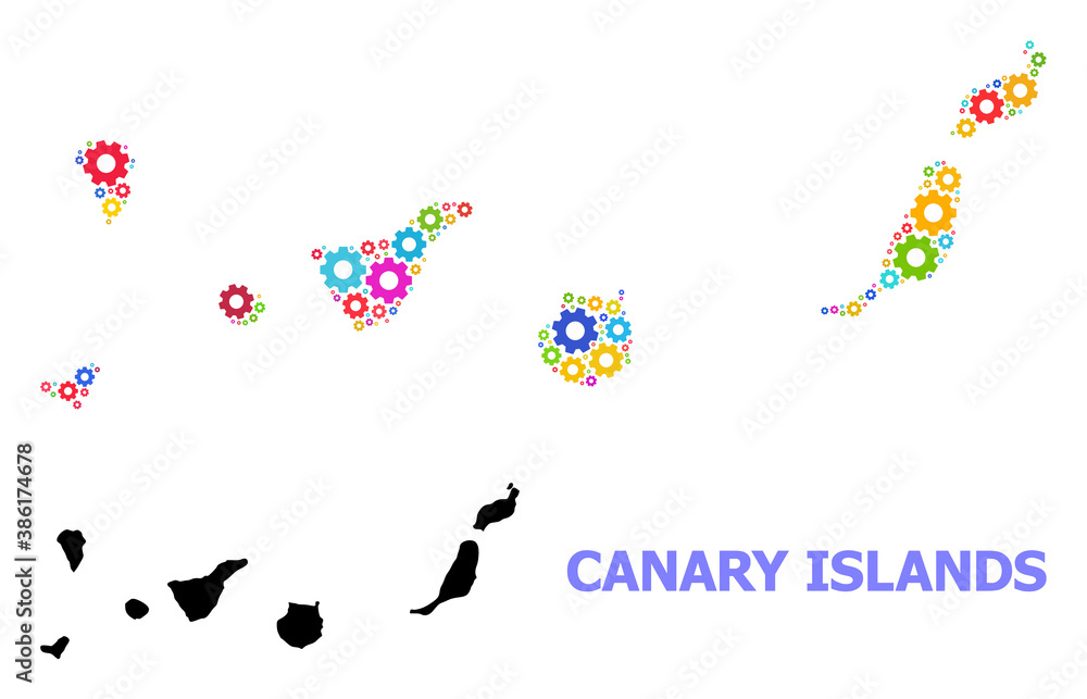Vector collage map of Canary Islands constructed for engineering. Mosaic map of Canary Islands is organized from random bright gear wheels. Engineering items in bright colors. Vector collage map of Canary Islands constructed for engineering. Mosaic map of Canary Islands is organized from random bright gear wheels. Engineering items in bright colors.