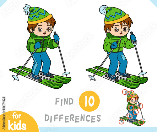 Find differences, educational game for kids, Boy skiing