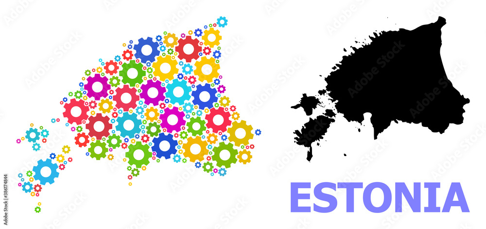 Vector mosaic map of Estonia organized for engineering. Mosaic map of Estonia is done from random colorful gears. Engineering items in bright colors. Vector mosaic map of Estonia organized for engineering. Mosaic map of Estonia is done from random colorful gears. Engineering items in bright colors.