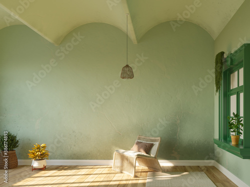 Old living room with plants, 3d render