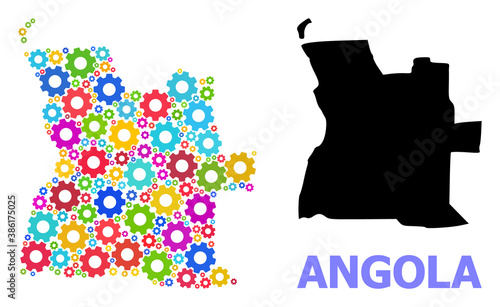 Vector collage map of Angola created for industrial apps. Mosaic map of Angola is formed from scattered bright wheels. Engineering components in bright colors. photo