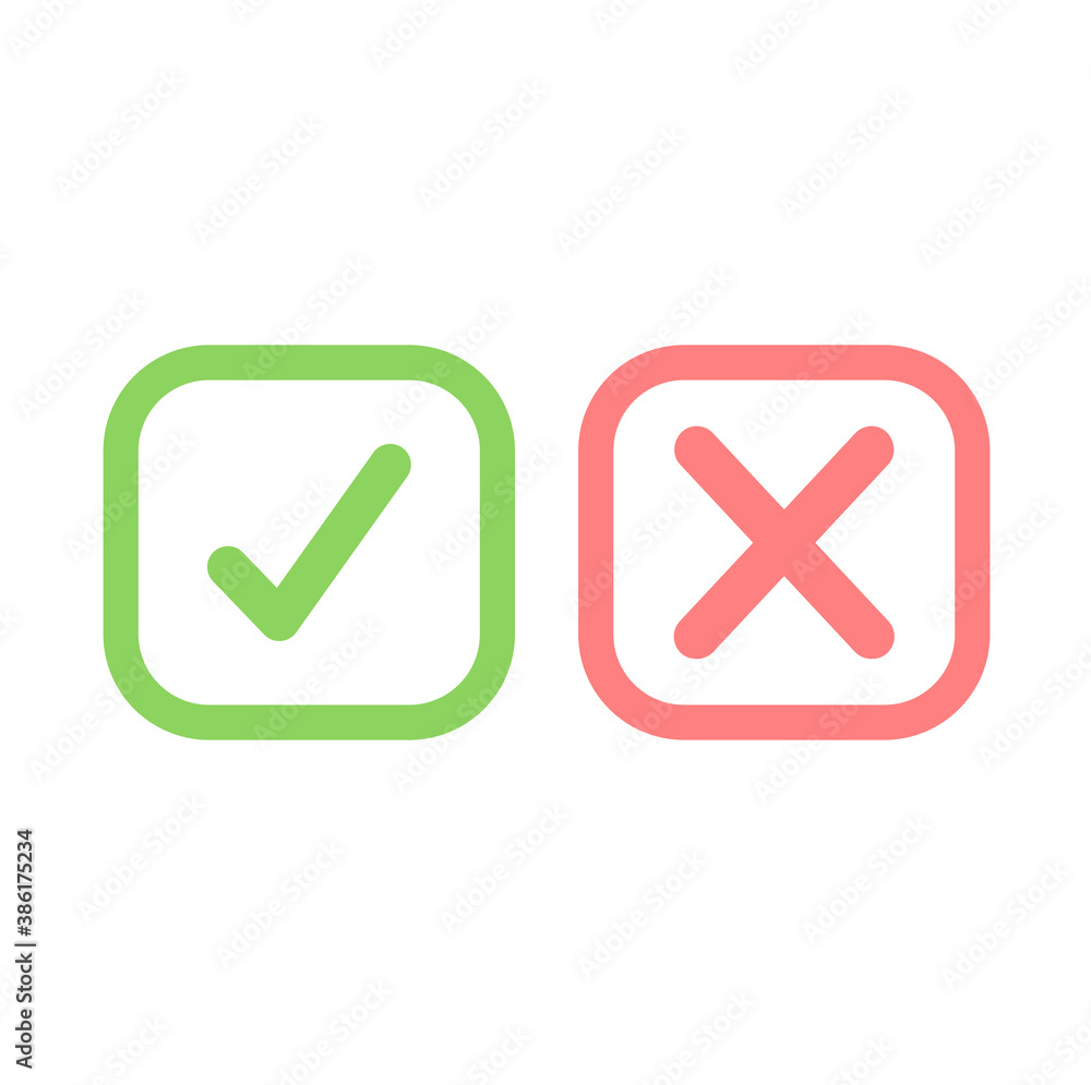 Yes and No or Right and Wrong or Approved and Declined Icons with Check Mark and X Signs in Green and Red Squares Yes and No or Right and Wrong or Approved and Declined Icons with Check Mark and X Signs in Green and Red Squares