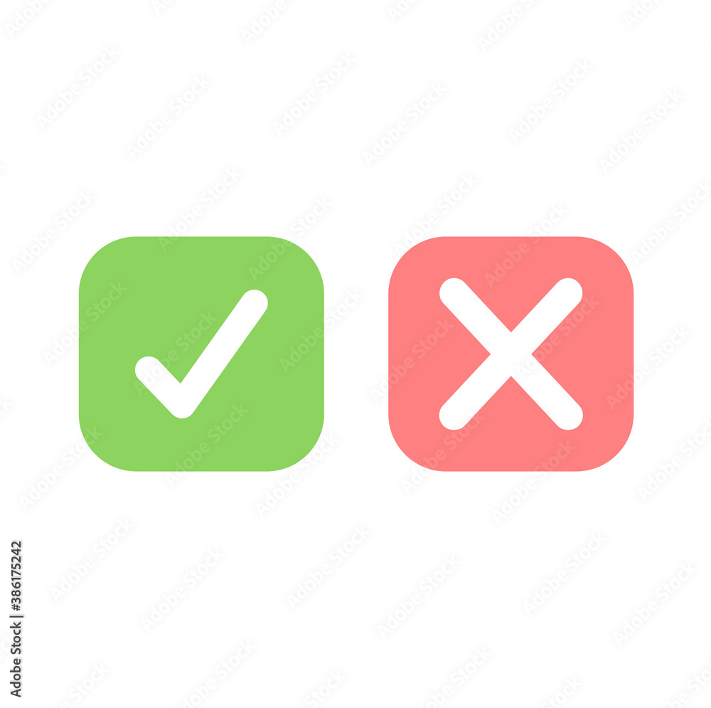 Yes and No or Right and Wrong or Approved and Declined Icons with Check Mark and X Signs in Green and Red Squares Yes and No or Right and Wrong or Approved and Declined Icons with Check Mark and X Signs in Green and Red Squares