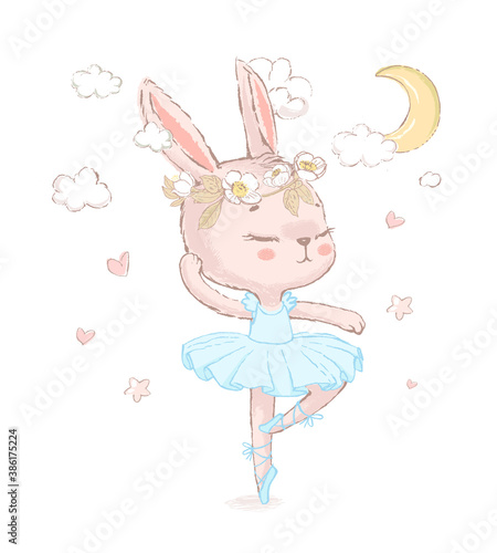 Sweet dancing ballerina bunny illustration. Dancilg little rabbit wearing blue tutu ans wreath. Can be used for t-shirt print, kids wear fashion design, baby shower invitation card