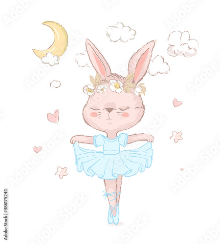 Illustration of a sweet bunny dancing over stars. Dancilg little rabbit wearing blue tutu ans wreath. Can be used for t-shirt print, kids wear fashion design, baby shower invitation card