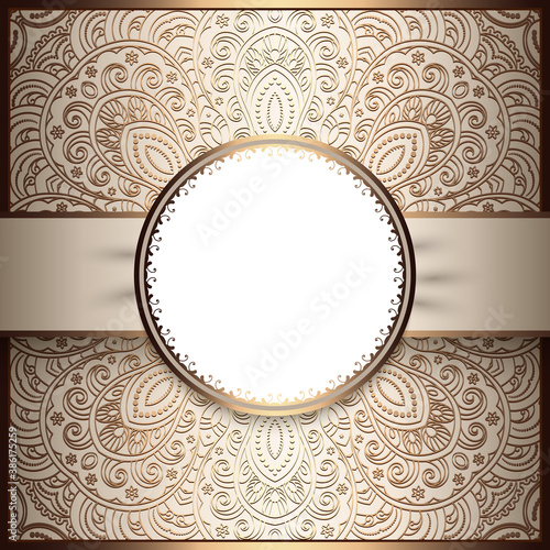 Vintage beige ornamental background with golden floral pattern, shiny label with satin ribbon, elegant decoration in neutral color for wedding invitation or packaging design. 