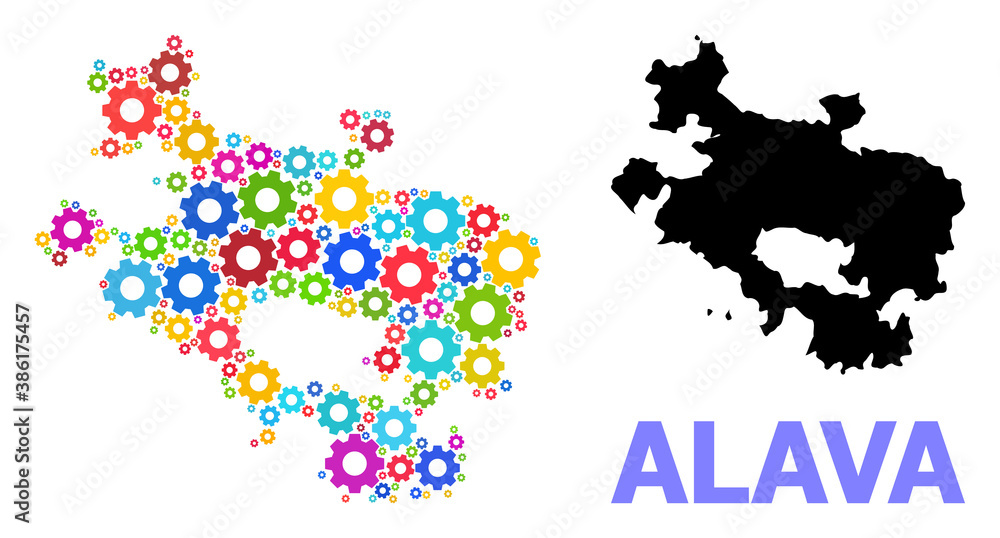 Vector collage map of Alava Province done for engineering. Mosaic map of Alava Province is constructed of randomized colored wheels. Engineering items in bright colors. Vector collage map of Alava Province done for engineering. Mosaic map of Alava Province is constructed of randomized colored wheels. Engineering items in bright colors.