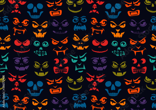 Funny monsters pattern. Halloween holiday character silhouettes background. Vampires, skeletons, demons stencil