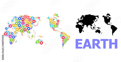 Vector collage map of Earth designed for engineering. Mosaic map of Earth is created of randomized bright wheels. Engineering components in bright colors.