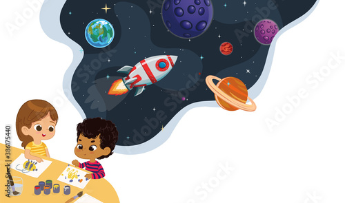 Cute preschool kids draw planets and imagine theirself trevel on the rocket. Space, rockers stars, galaxy, and planets in the background. Kids Imagination and exploration concept