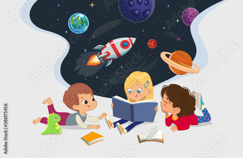 Illustration of multiracial kids sit in a circle on the floor and read the astronomy book. Imaging space, rockers stars, galaxy, and planets. Reading and exploring concept.