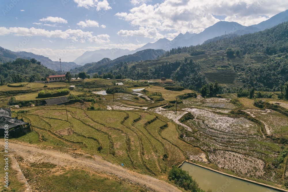 Rice Fields, rice terrace Paddy in Sa Pa Lao Cai Vietnam Asia Aerial Drone Photo