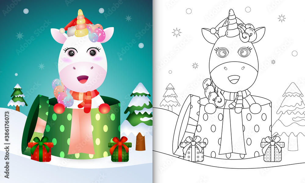 Fototapeta premium coloring book with a cute unicorn christmas characters using santa hat and scarf in the gift box