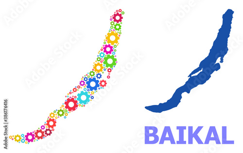 Vector mosaic map of Baikal organized for industrial apps. Mosaic map of Baikal is organized with randomized multi-colored gears. Engineering items in bright colors.