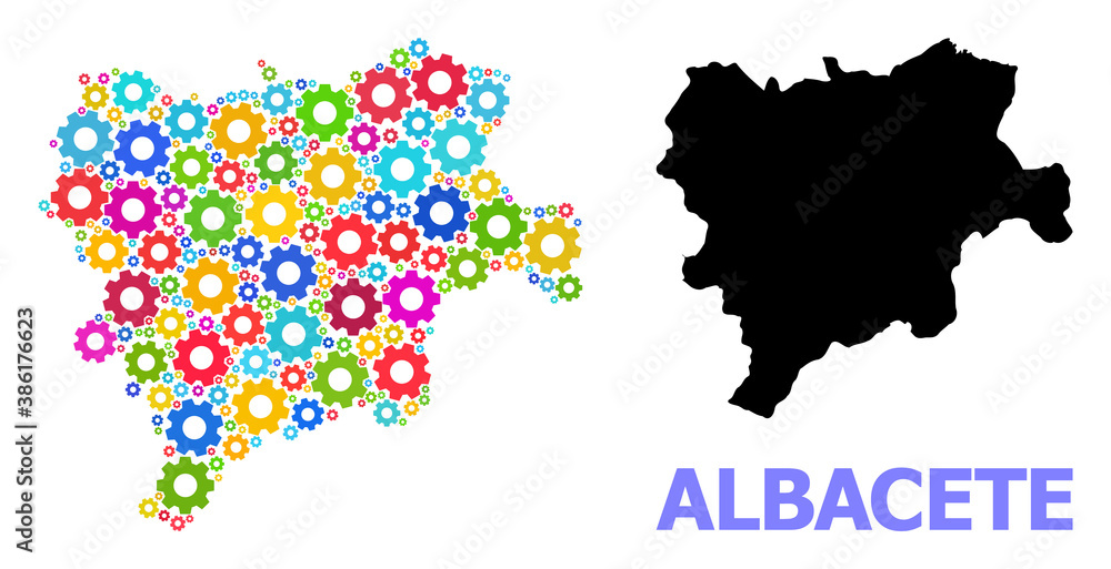 Vector mosaic map of Albacete Province created for engineering. Mosaic map of Albacete Province is done with scattered multi-colored gears. Engineering components in bright colors.