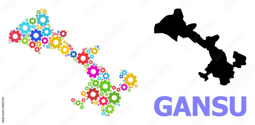 Vector mosaic map of Gansu Province created for engineering. Mosaic map of Gansu Province is made from randomized colorful wheels. Engineering items in bright colors.