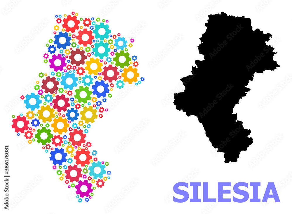 Vector mosaic map of Silesia Province done for services. Mosaic map of Silesia Province is composed from randomized bright gears. Engineering items in bright colors.