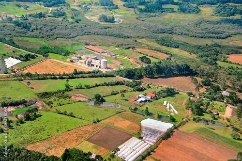 Aerial view of the sugarcane agricultural fields, in the agrobusiness, to produce sugar, ethanol and more, in the nearness of the Ribeirao Preto airport. São Paulo, Brazil. June 2014