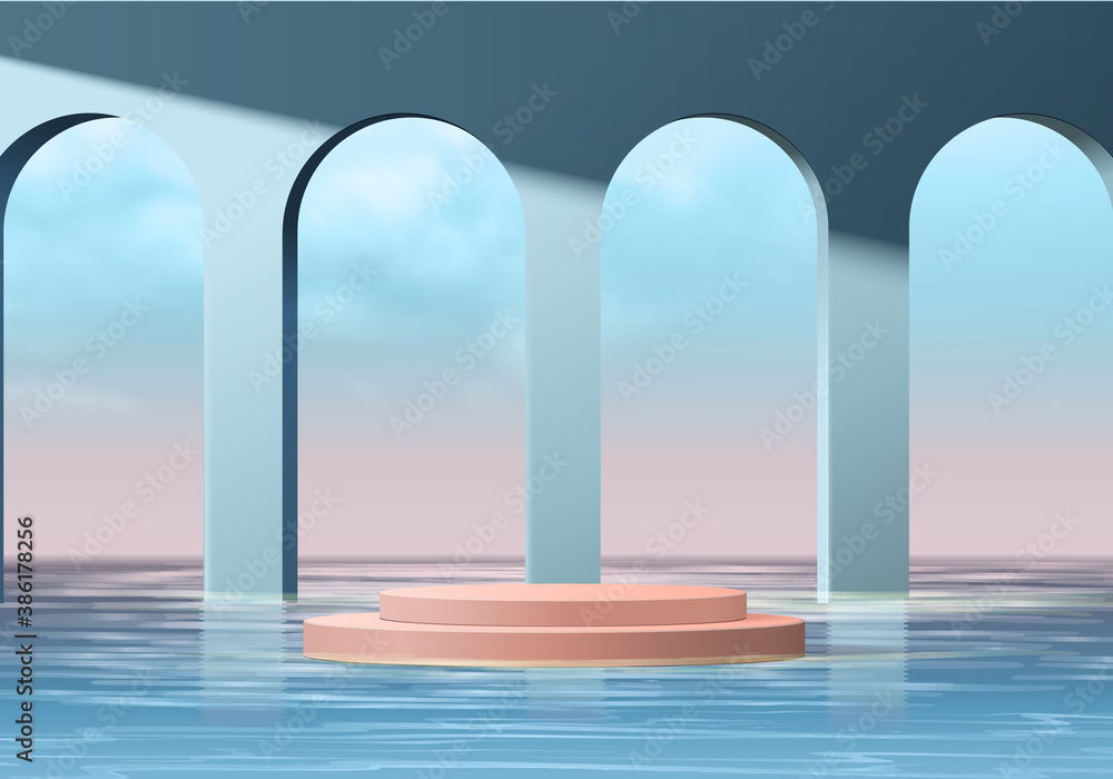 podium 3d minimal scene with geometric platform. Summer background vector 3d rendering with podium. stand to show cosmetic products. Stage Showcase on pedestal modern 3d studio blue pastel