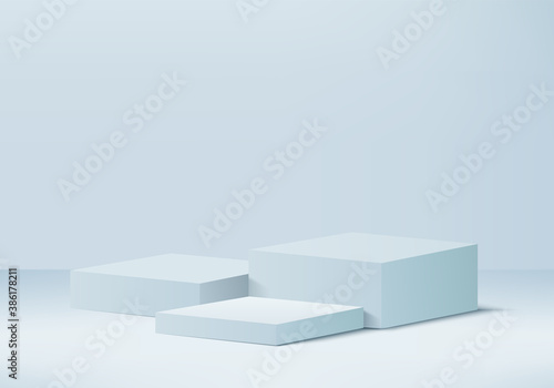 Cylinder abstract minimal scene with geometric platform. Summer background vector 3d rendering with podium. stand to show cosmetic products. Stage Showcase on pedestal modern 3d studio blue pastel