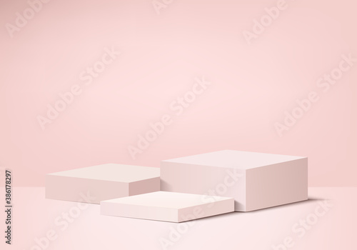 Podium 3d minimal scene with geometric platform. Summer background vector 3d rendering with podium. stand to show cosmetic products. Stage Showcase on pedestal modern 3d studio pink pastel