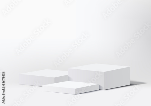 3d podium white abstract minimal scene with geometric platform. Summer background vector 3d rendering with podium. stand to show cosmetic products. Stage Showcase on pedestal modern 3d studio white