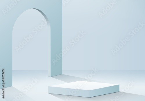 Cylinder abstract minimal scene with geometric platform. Summer background vector 3d rendering with podium. stand to show cosmetic products. Stage Showcase on pedestal modern 3d studio blue pastel