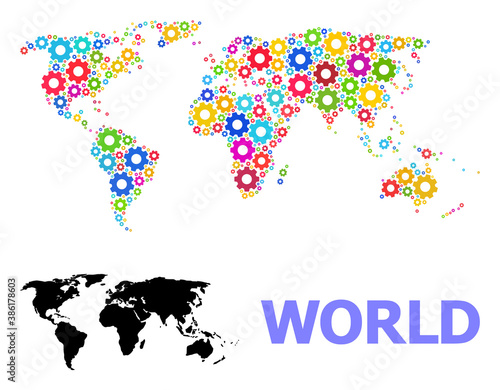 Vector mosaic map of world organized for engineering. Mosaic map of world is organized from random bright gear wheels. Engineering components in bright colors.