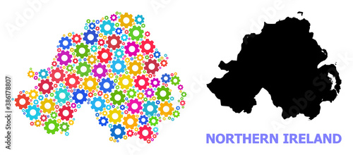 Vector collage map of Northern Ireland organized for engineering. Mosaic map of Northern Ireland is shaped of scattered colorful wheels. Engineering components in bright colors.