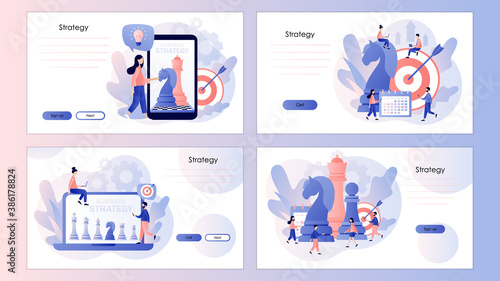 Business strategy. Data analysis, strategy planning and successful. Chess game. Screen template for mobile smart phone, landing page, template, ui, web, mobile app, poster, banner, flyer. Vector 