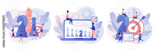 Business strategy. Tiny people work to data analysis, strategy planning and successful business. Chess game. Chess pieces. Modern flat cartoon style. Vector illustration on white background