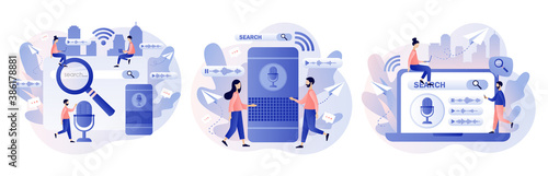Voice assistant concept. Voice controlled, search, activated digital assistants, voice identification. Tiny people user with voice controlled smart speaker. Modern flat cartoon style. Vector