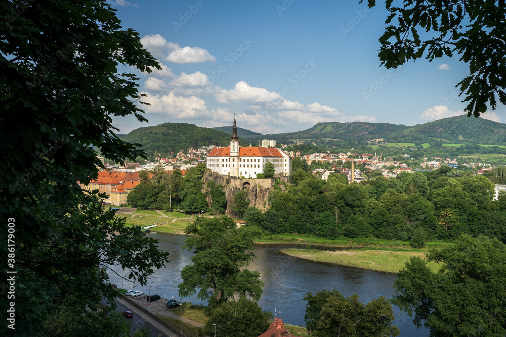 View on the Tetschen Castle and Elbe river (Labe). Decin. Czech Republic.
