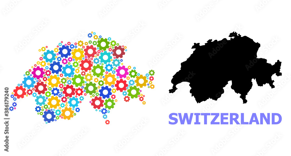Vector mosaic map of Switzerland constructed for engineering. Mosaic map of Switzerland is made of randomized multi-colored wheels. Engineering items in bright colors.