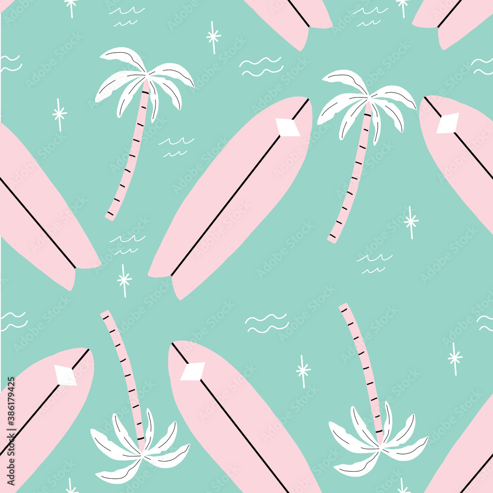 seamless pink and green palm trees pattern with tropical flower. repeating vector beach and surfing pattern with surf boards.