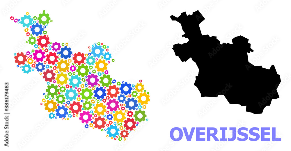 Vector mosaic map of Overijssel Province designed for engineering. Mosaic map of Overijssel Province is organized with scattered bright gear wheels. Engineering items in bright colors.