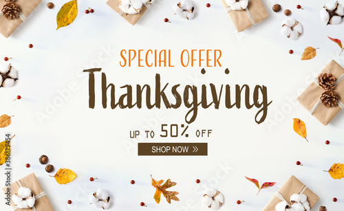 Thanksgiving sale with gift boxes with autumn leaves