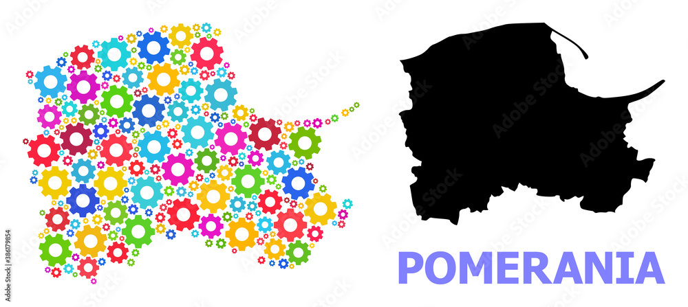Vector mosaic map of Pomerania Province created for engineering. Mosaic map of Pomerania Province is constructed with randomized bright cogs. Engineering components in bright colors.