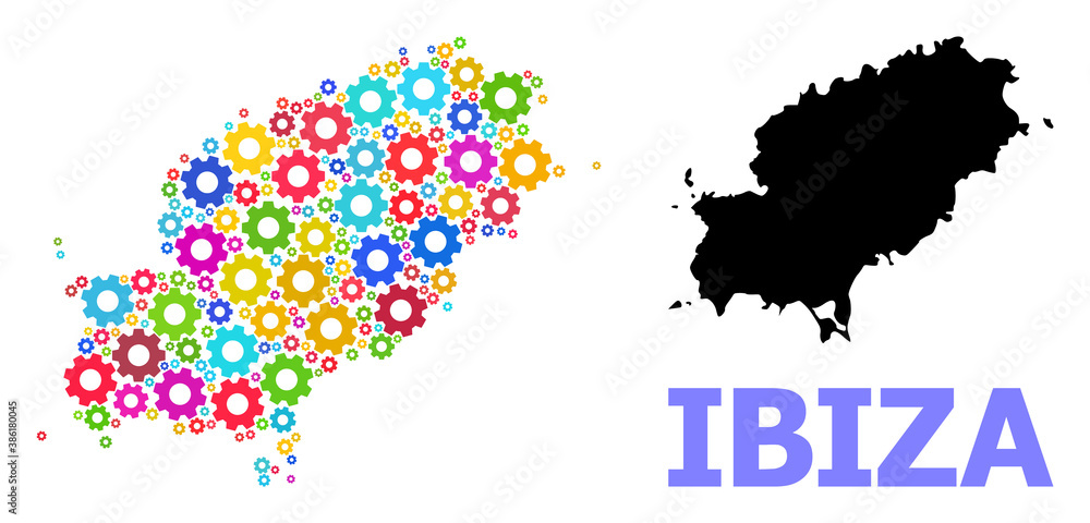 Vector mosaic map of Ibiza Island done for engineering. Mosaic map of Ibiza Island is organized of randomized colorful cogs. Engineering items in bright colors. Vector mosaic map of Ibiza Island done for engineering. Mosaic map of Ibiza Island is organized of randomized colorful cogs. Engineering items in bright colors.