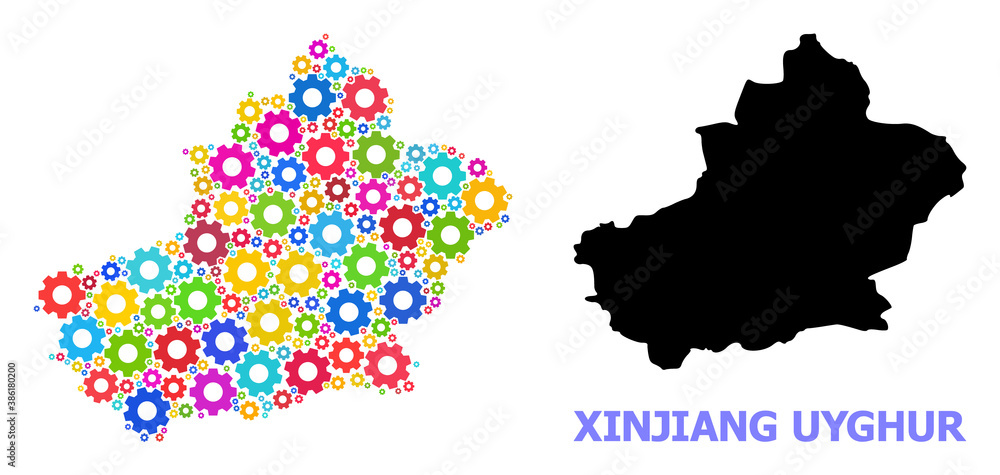 Vector mosaic map of Xinjiang Uyghur Region organized for engineering. Mosaic map of Xinjiang Uyghur Region is composed from random colored gear wheels. Engineering components in bright colors.