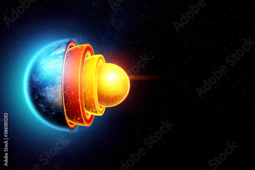Fototapeta Naklejka Na Ścianę i Meble -  The internal structure of the earth, the structure of the core, geological layers on a dark background of space. Concept geology of the earth, magma, lithospheric shifts. 3D illustration, 3D render.